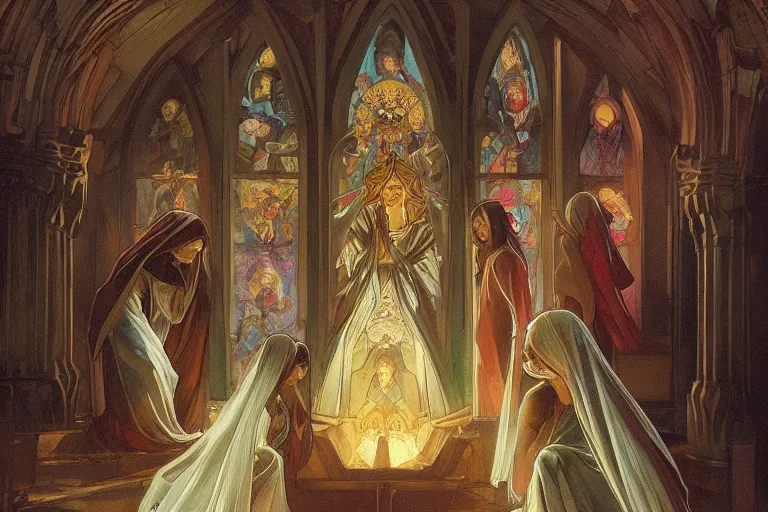 Image similar to inside the sepulchre, dark scene, light coming in from the left, steps leading down, 3 marys crouching in colored robes at the tomb | medium close | triangle composition, by artgerm, greg rutkowski, rubens, alphonse mucha