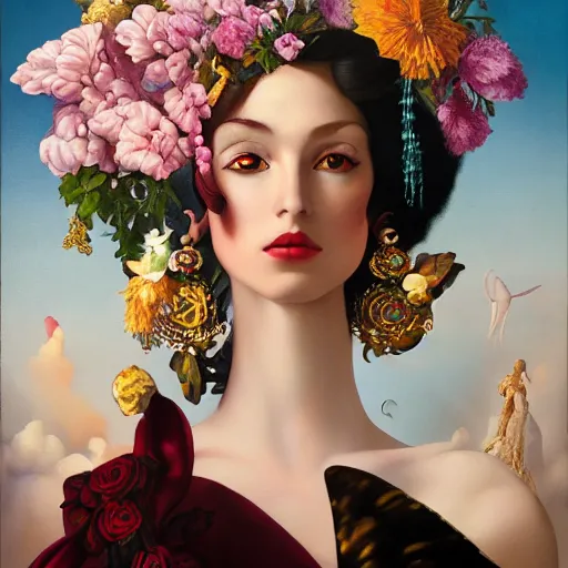 Image similar to dynamic composition, a painting of a woman with hair of flowers and raven plummage wearing ornate earrings, a surrealist painting by tom bagshaw and jacek yerga and tamara de lempicka and jesse king, featured on cgsociety, pop surrealism, surrealist, dramatic lighting, wiccan, pre - raphaelite, ornate gilded details