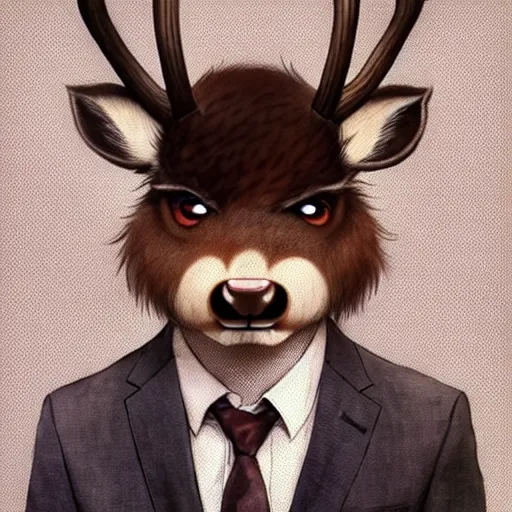 Image similar to character design portrait of a stupid chinese anthropomorphic furry deer man with deer ears, short brown hair, wearing a suits, looking at the camera, 4 k, concept art, by wlop, wenjun lin, watercolor, ilya kuvshinov, artgerm, krenz cushart, pixiv.