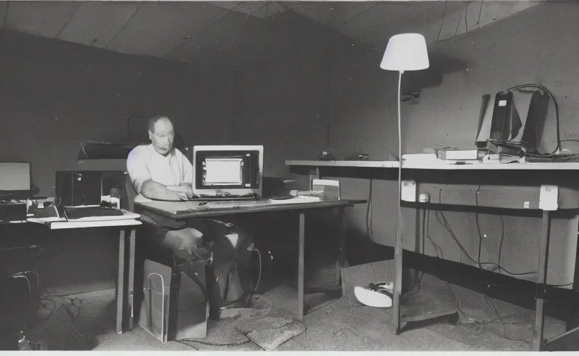 Prompt: man sitting facing away, working in low lit radio booth, one single lamp, dingy, colour film, keyboard, door to lab, sweaty, tannoy, strange