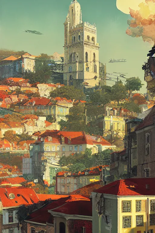 Image similar to The City of Lisbon by Beeple, grimshaw, thomas cole, ismail inceoglu, winslow homer, greg rutkowski, gerald brom, marc simonetti, simon stalenhag, anton fadeev, donglu yu