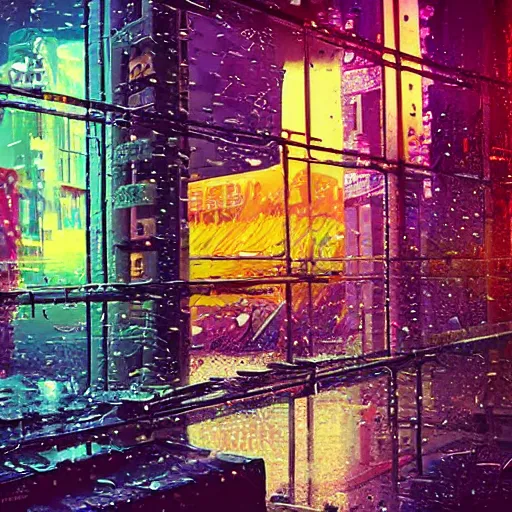 Image similar to A sad, melancholy cyberpunk city as seen through a rainy window, colorful, beautiful, striking, digital art