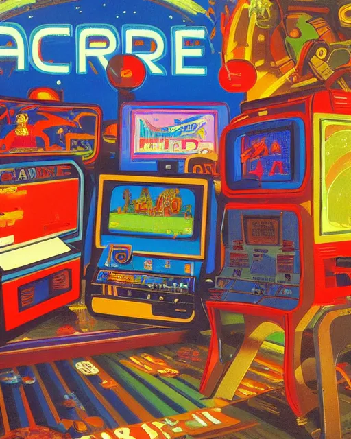 Image similar to arcade start screen. 8 0 s era technology, vintage shapes, retro technology, vintage color, wayne barlow, oil on canvas, deep depth of field, masterpiece, cinematic composition, hyperdetailed