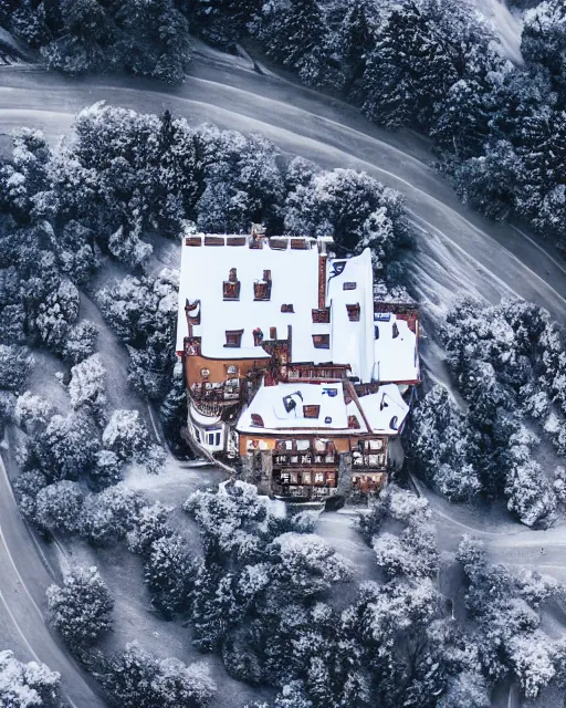 Image similar to burning mansion in the alps with snow covered roof zoomed out, shot from drone, iphone capture, fire