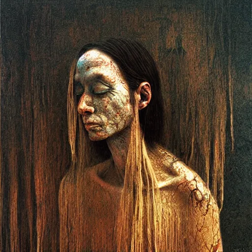 Prompt: portrait of 7000 years old girl, painting by Beksinski