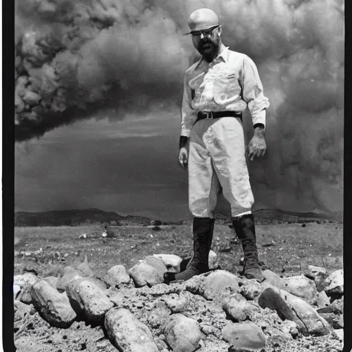 Image similar to photograph of walter white standing on a landmine, explosion, 3 5 mm photograph, war photograph