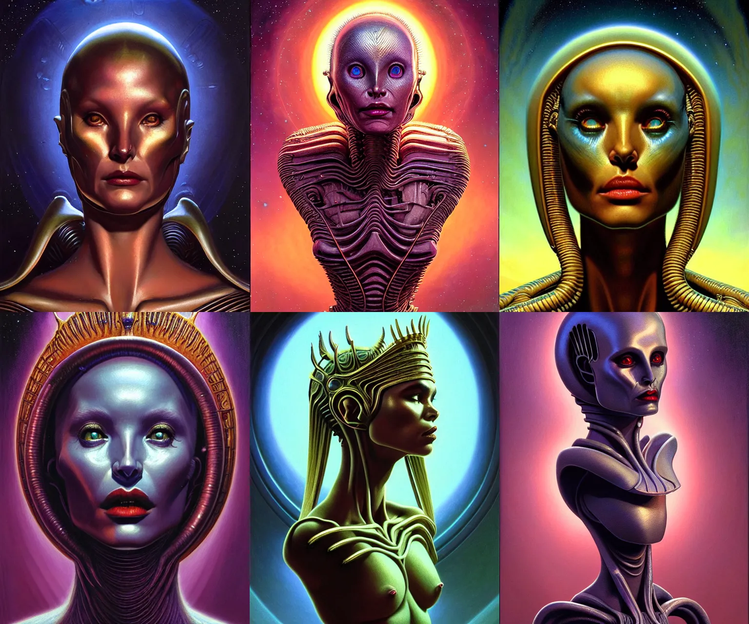 Prompt: cinematic bust portrait of elegant female extraterrestial queen, head and chest only, exotic alien features, by Tim Hildebrandt, by Wayne Barlowe, by Bruce Pennington, by donato giancola, by hr giger, oil on canvas, masterpiece, trending on artstation, featured on pixiv, cinematic composition, dramatic pose, beautiful lighting, sharp, details, hyper-detailed, HD, HDR, 4K, 8K