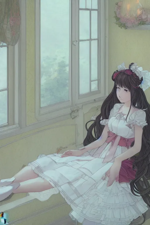 Prompt: a young lolita dressed girl in a maid's outfit in the bedroom typing front the notebook a night, raining outside the window, wavy white long hair, by krenz cushart and mucha and akihito yoshida and makoto shinkai and greg rutkowski, 4 k resolution