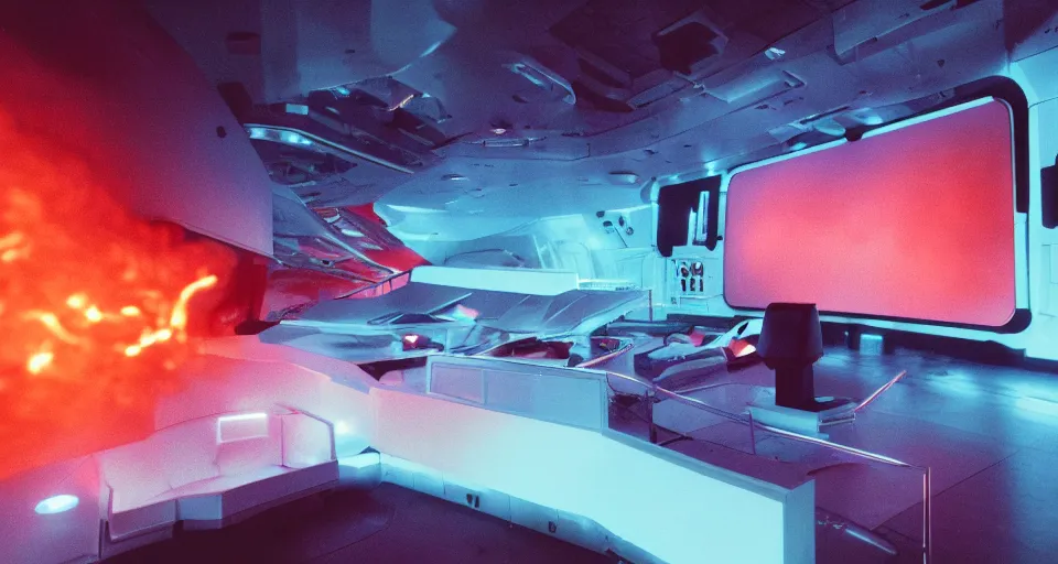 Image similar to Film still of the bridge of a space ship, large viewscreens, control panels, white plastic, black interface, metallic, soft orange and cyan highlights, burning fire, electric sparks, smoke, Cinestill colour cinematography, anamorphic