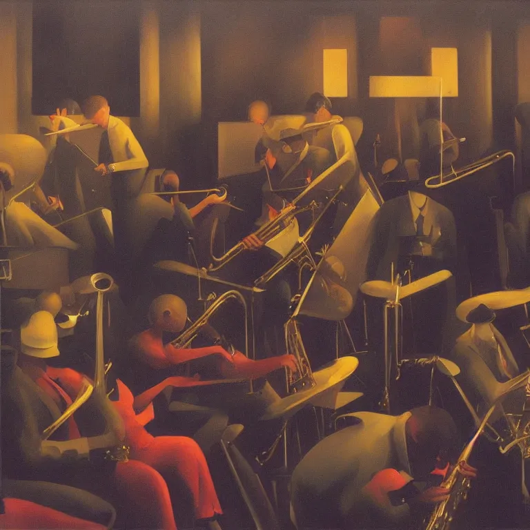 Image similar to jazzband, Edward Hopper and James Gilleard, Zdzislaw Beksinski, Steven Outram highly detailed
