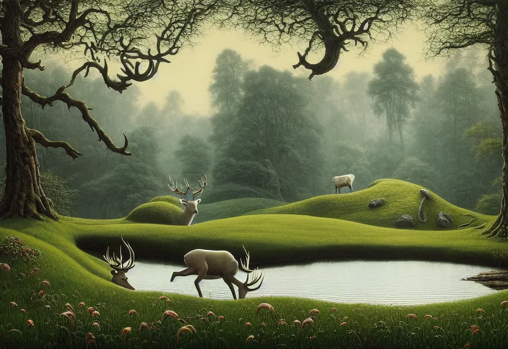 Image similar to hyper detailed 3d render like a Oil painting - white stag drinking from reflecting pool in a peaceful lush meadow, by Jacek Yerka, Mariusz Lewandowski, Houdini algorithmic generative render, Abstract brush strokes, Masterpiece, Edward Hopper and James Gilleard, Zdzislaw Beksinski, Mark Ryden, Wolfgang Lettl, hints of Yayoi Kasuma, octane render, 8k