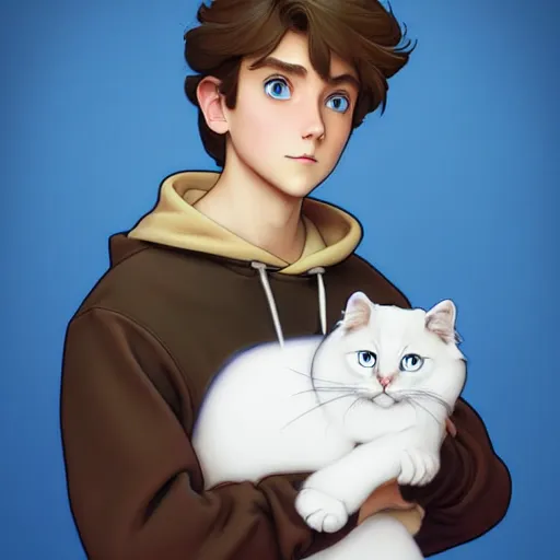 Image similar to teen boy with brown hair and big blue eyes, wearing a hoodie, holding a fluffy white persian cat, natural lighting, path traced, highly detailed, high quality, digital painting, by don bluth and ross tran and studio ghibli and alphonse mucha, artgerm