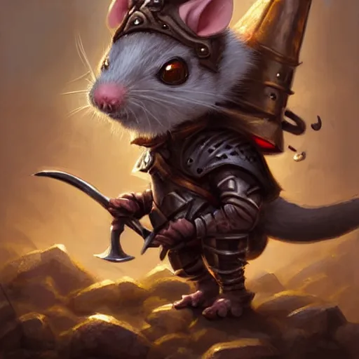 Image similar to cute little anthropomorphic Rat wearing Knight armor, ultra wide lens shot , tiny, small, short, cute and adorable, pretty, beautiful, DnD character art portrait, matte fantasy painting, DeviantArt Artstation, by Jason Felix by Steve Argyle by Tyler Jacobson by Peter Mohrbacher, cinematic lighting