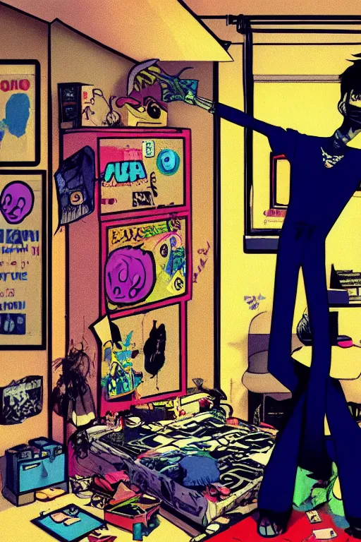 Prompt: a skinny goth guy standing in a cluttered 9 0 s bedroom by jamie hewlett, jamie hewlett art, full body character concept art, vaporwave colors, digital painting, hd, ultra hd, detailed, award winning,