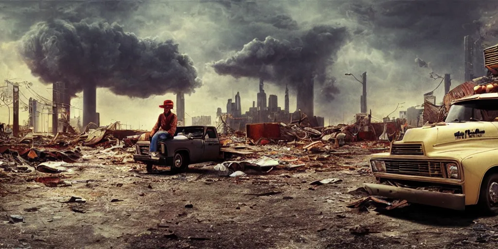 Image similar to 1970s photography of a truck driver wearing a cap sitting on an folding chair next to his colorful truck in a apocalyptic wasteland, tornado and apocalyptic city in the background, detailed intricate insanely detailed octane render, 8k artistic photography, photorealistic, chiaroscuro, hd, by David Cronenberg, Raphael, Caravaggio