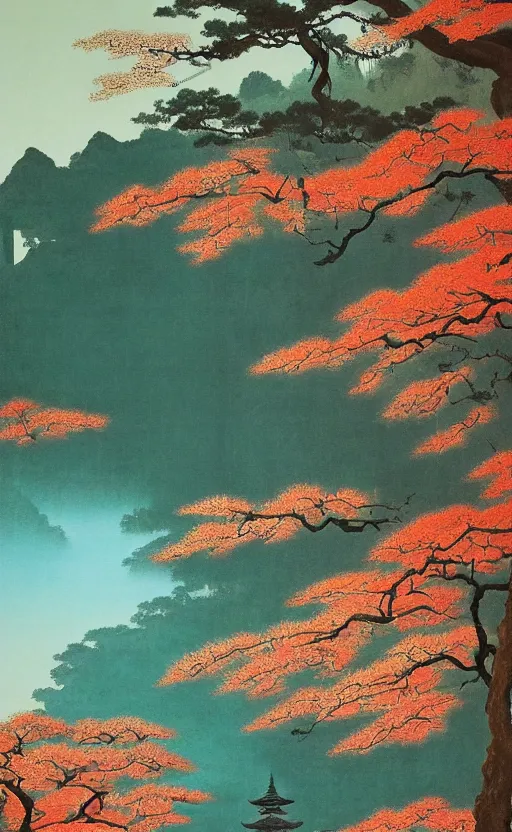 Prompt: japanese inspired poster, beautiful japanese architecture and nature, oil on canvas, japanese art beautiful aesthetic, photorealistic, lake, light rays theough the trees