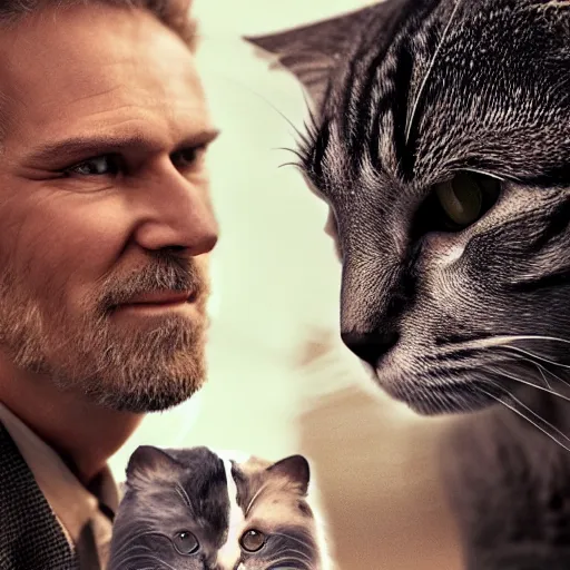 Image similar to cat - faced giant mans with his friend by his side, high definition movie, photorealistic detail, futuristic production, adventure movie, 8 k