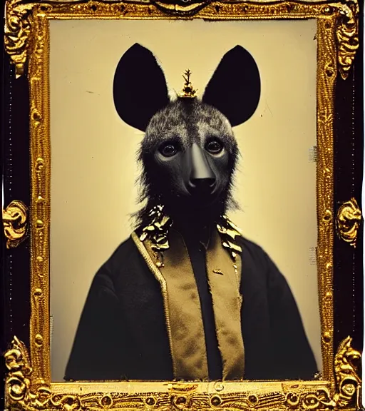 Image similar to professional studio photo portrait of anthro anthropomorphic spotted hyena head animal person fursona wearing elaborate pompous royal king robes clothes gold frame by Louis Daguerre daguerreotype tintype