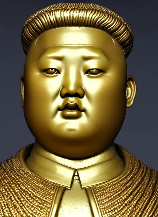 Image similar to medieval statue of kim jong un, elegant, filigree renaissance sculpture from jade, gold and brilliants, brilliant symmetry, created by verrocchio andrea, leonardo da vinci, sandro botticelli, raffaelle monti, epic 7 0 mm lens shot, artstation trending, photorealism, sharp focus, smooth, establishing shot, sense of awe