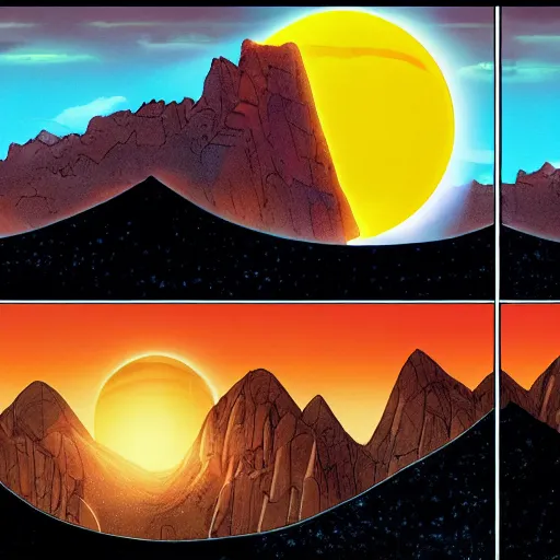 Prompt: orange and blue alien planet horizon with mountains and a solar eclipse, marvel comic book double page