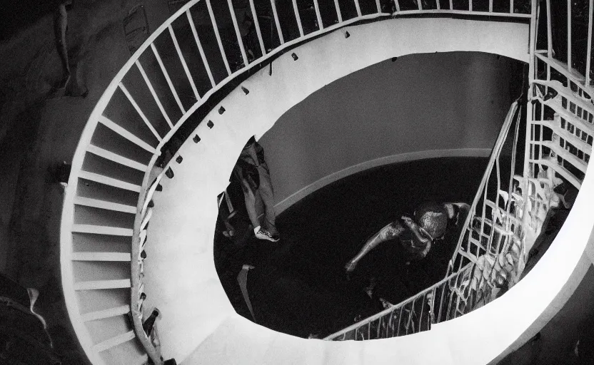 Image similar to zoomed out photo of frank ocean walking up a spiral staircase in the centre of the room, greyscale,