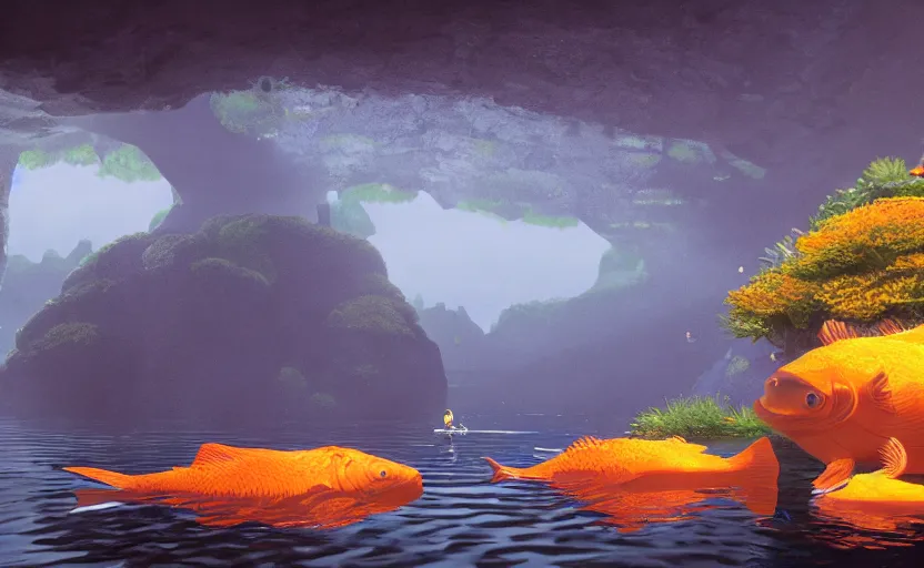 Image similar to a cave lake with some big orange fish inside, studio ghibli, pixar style, octane render, unreal engine 5, path traced, highly detailed, high quality, 8 k, soft lighting, godrays, complementary colors, natural lighting, water parallax, serene landscape, beautiful, elegant, digital painting