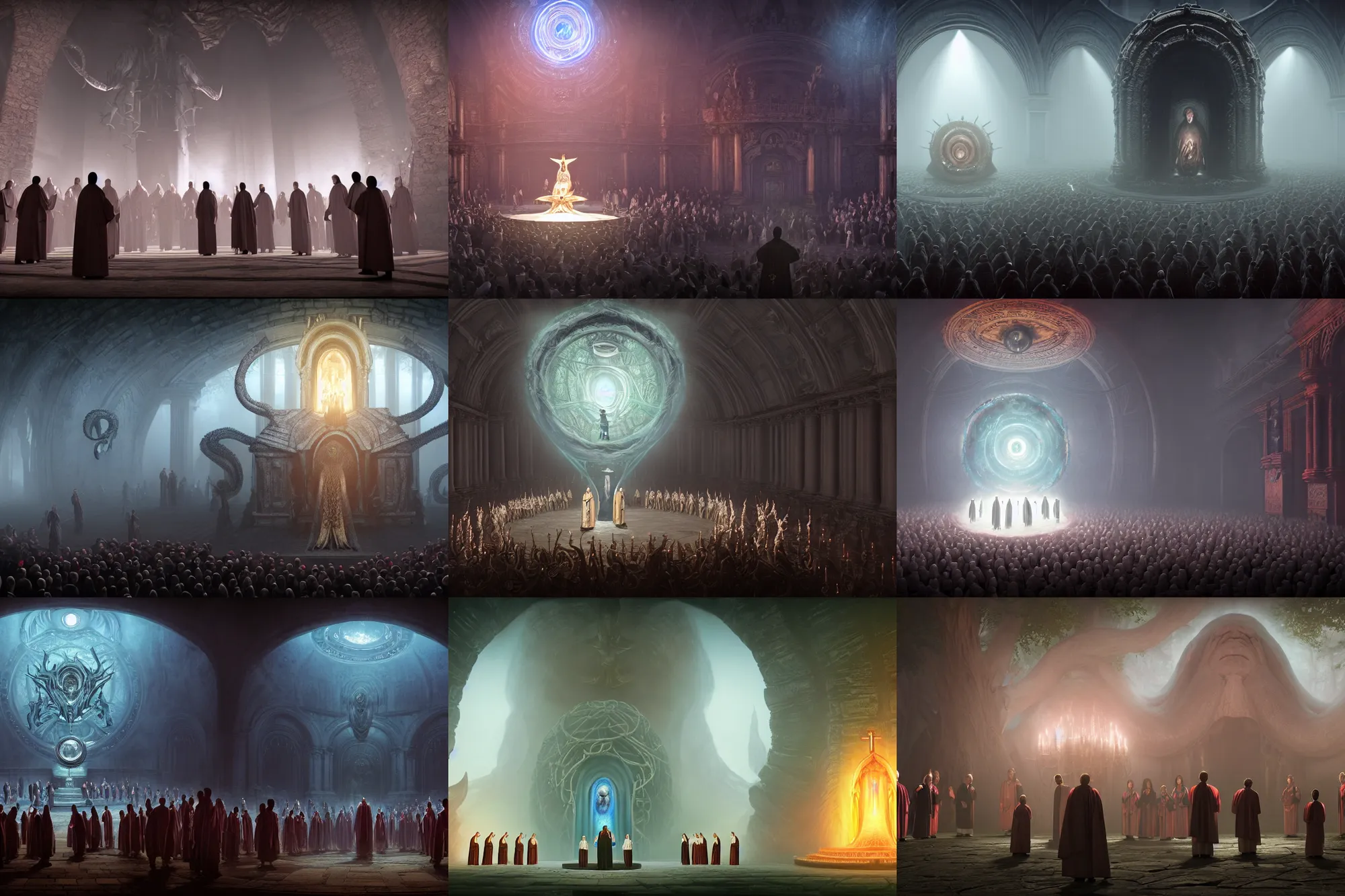 Image similar to center view of a group of priest in circle invoking an hyper realistic lovecraft creature portrait in a huge ritual portal, 4 k, fantasy art, glamorous composition, wide - angle shot, cinematography lighting, volumetric fog, vivid colors, realistic, octane render, unreal engine, frank frazzeta, hyper realistic matte painting