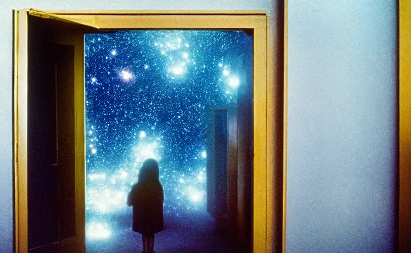 Image similar to A door opens to galaxy in the shining by stanley kubrick, shot by 35mm film color photography