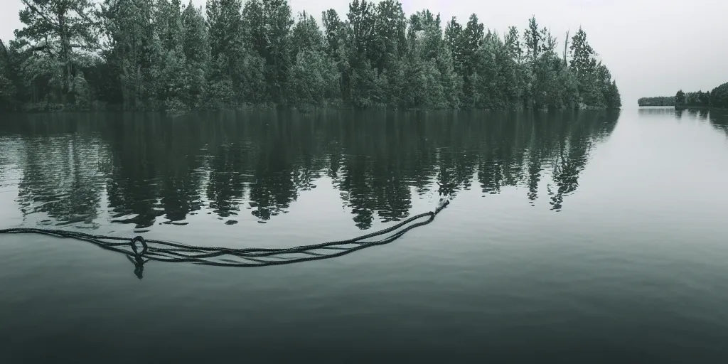 Image similar to symmetrical photograph of an long rope floating on the surface of the water, the rope is snaking from the foreground towards the center of the lake, a dark lake on a cloudy day, trees in the background, moody scene, dreamy kodak color stock, anamorphic lens