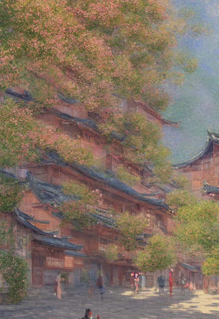 Prompt: a beautiful japanese city in the mountain, amazing ryokans and gorgeous edo era houses, fantastic non human character, epic cyberpunk, lofi vibe, colorful, vivide colors, amazing light, really beautiful nature, oil painting in impressionist style, by jeremy lipkin, by claude monet, by makoto shinkai, kandinsky touches, inspired by ghibli, masterpiece, beautiful