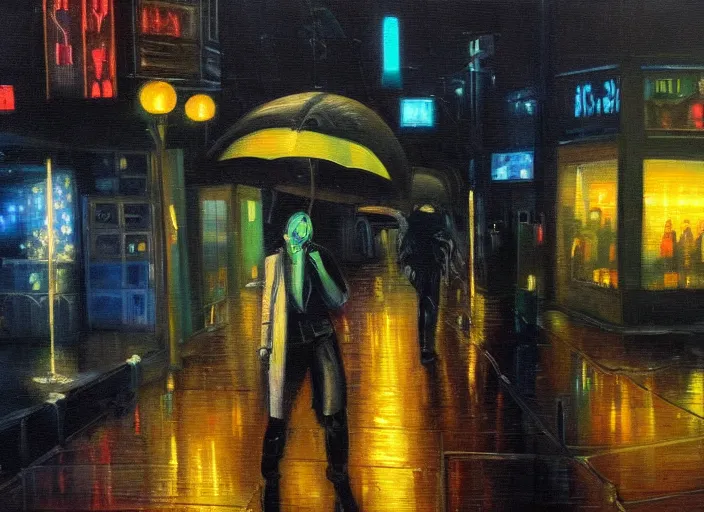 Prompt: melancholy rainy night in a cyberpunk cafe, oil on canvas