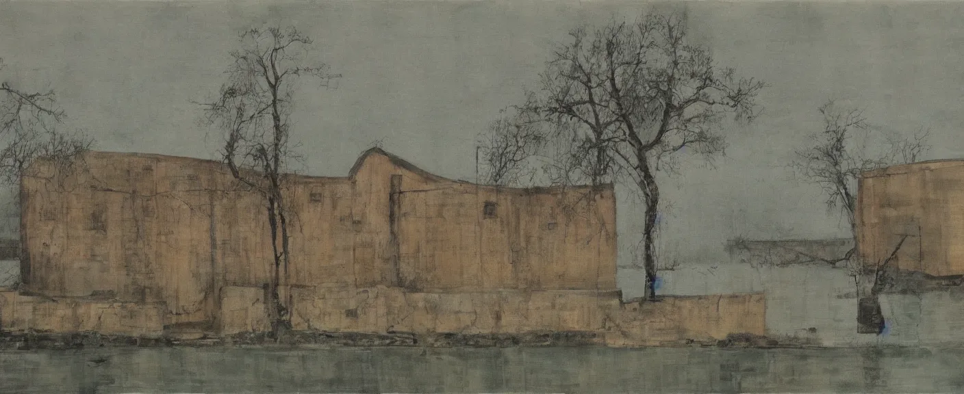 Image similar to a chinese prison near a river by peter doig, muted colors