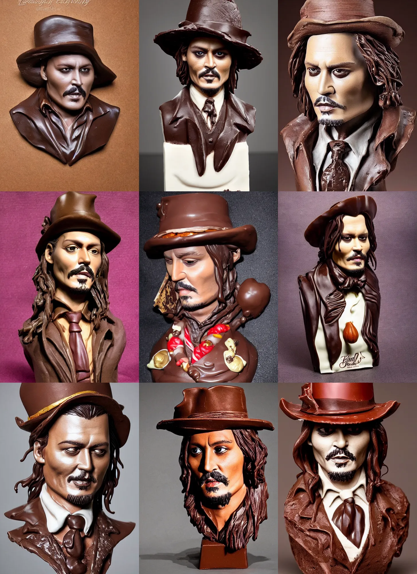 Prompt: chocolate!!! sculpture of johnny depp, chocolate art, candy decorations, fully chocolate, studio lighting