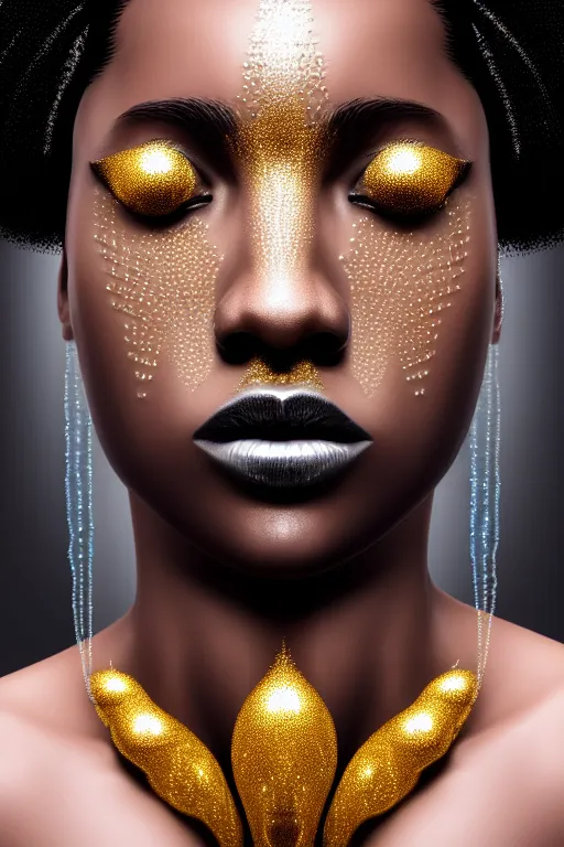 Prompt: hyperrealistic precisionist cinematic profile very expressive! black oshun goddess, in water! up to shoulders, mirror dripping droplet!, gold flowers, highly detailed face, digital art masterpiece, smooth eric zener cam de leon, dramatic pearlescent turquoise light on one side, low angle uhd 8 k, shallow depth of field, black & white photography