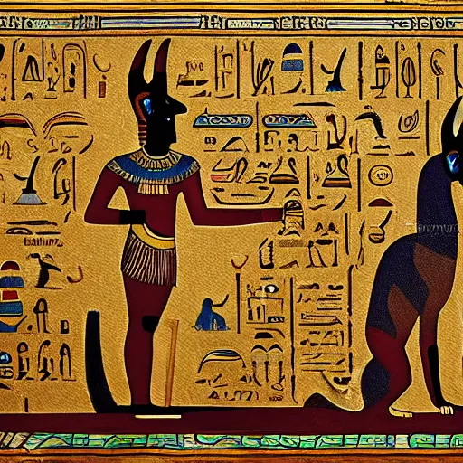 Image similar to a detailed painting of the Egyptian book of the dead, depicting the god of the underworld Anubis, trending on artstation cgsociety, 8k, highly detailed, masterpiece.