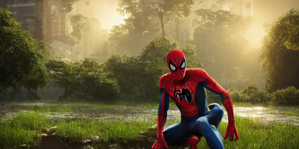 Image similar to spiderman in webb, surrounded by lush green vegetation, ground - level view, puddles of water, spiderweb, stunning volumetric lighting, sunset, trending on artstation, 8 k, photorealistic, hyper detailed, unreal engine 5, cinematic, epic lighting, cryengine, octane render, cyberpunk, red and orange glow, dark, gloomy