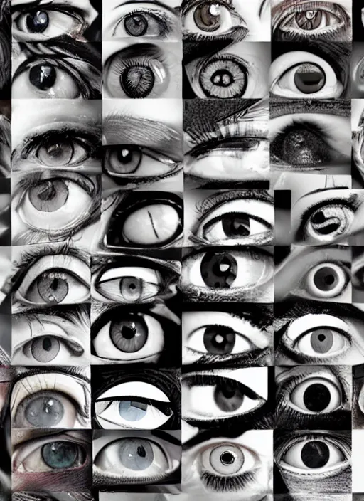 Image similar to wet human eyes!, black centered pupil, circle iris detailed structure, happy smiling human eyes, eyelashes, art styles mix, from wikipedia, wet eye relections, hd macro photographs, grid montage of shapes