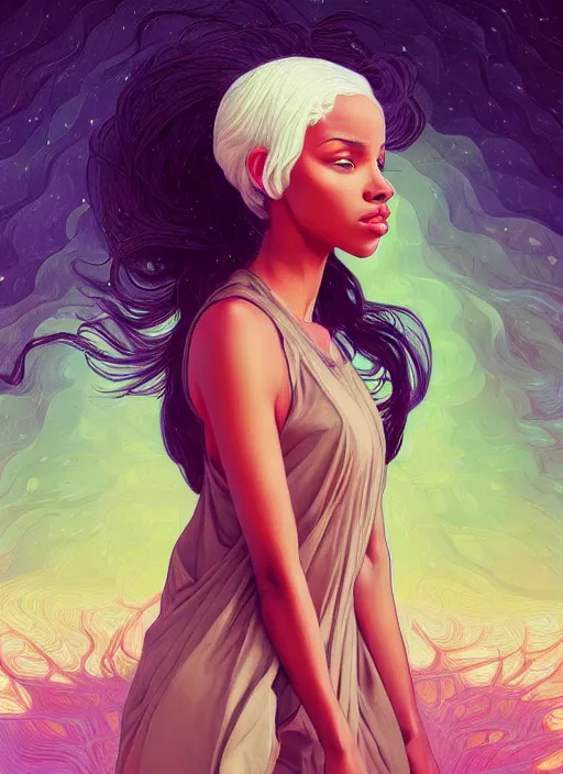 Image similar to handsome young black women with shoulder length white hair, half body shot, path traced, highly detailed, high quality, digital painting, alena aenami, lilia alvarado, shinji aramaki, karol bak, alphonse mucha, tom bagshaw