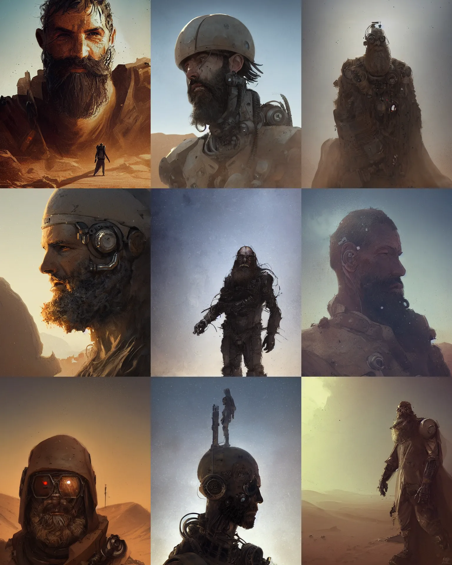 Prompt: a bearded cloaked rugged engineer man with lost in the desert, scifi character portrait by greg rutkowski, esuthio, craig mullins, fullbody portrait, cinematic lighting, dystopian scifi gear, gloomy, profile picture, mechanical, half robot, implants, steampunk