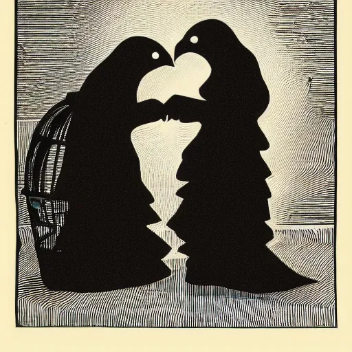 Image similar to two shadowy figures hugging each other in a birdcage, black and white
