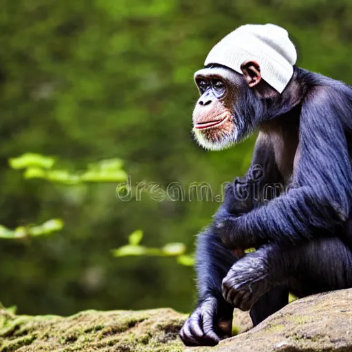 Image similar to cute chimpanzee using a wool cap. Studio photography