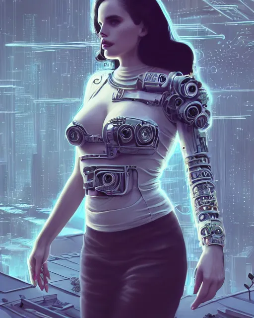 Image similar to portrait of lana del rey as a cyberpunk cyborg. roses, sci - fi, missing panels, intricate abstract, upper body, intricate artwork, by tooth wu, wlop, beeple, dan mumford. concept art, 8 k octane render, deviantart, greg rutkowski, cinematic, key art, hyperrealism, iridescent accents