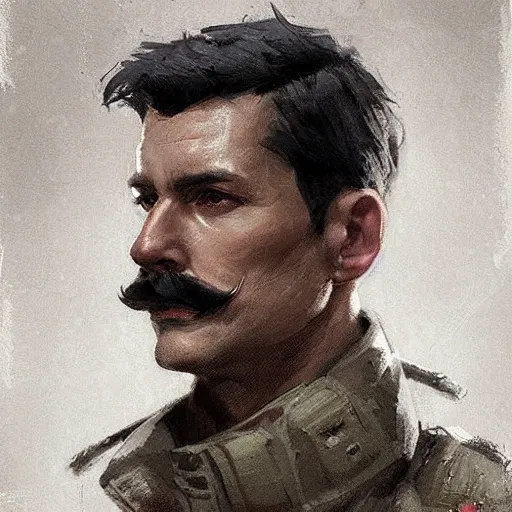 Image similar to portrait of a man by greg rutkowski, british features, short black hair in military style, moustache, perfect military composure, wearing gray imperial captain uniform, star wars expanded universe, he is about 4 0 years old, highly detailed portrait, digital painting, artstation, concept art, smooth, sharp foccus ilustration, artstation hq