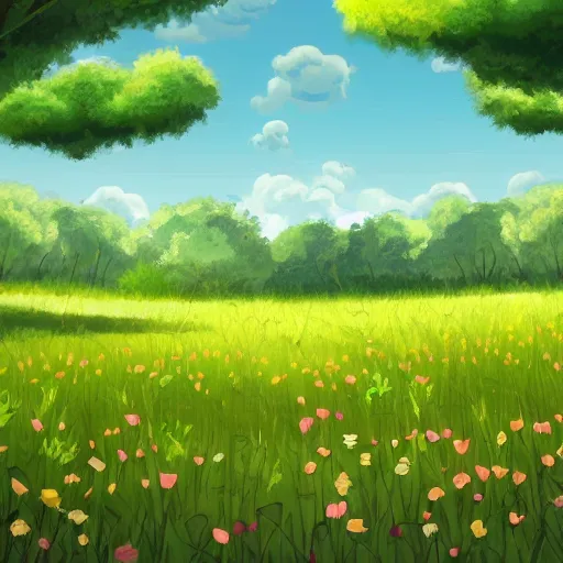 Prompt: a garden field background, cartoon, digital art, featured on artstation, smooth graphics, soft details,