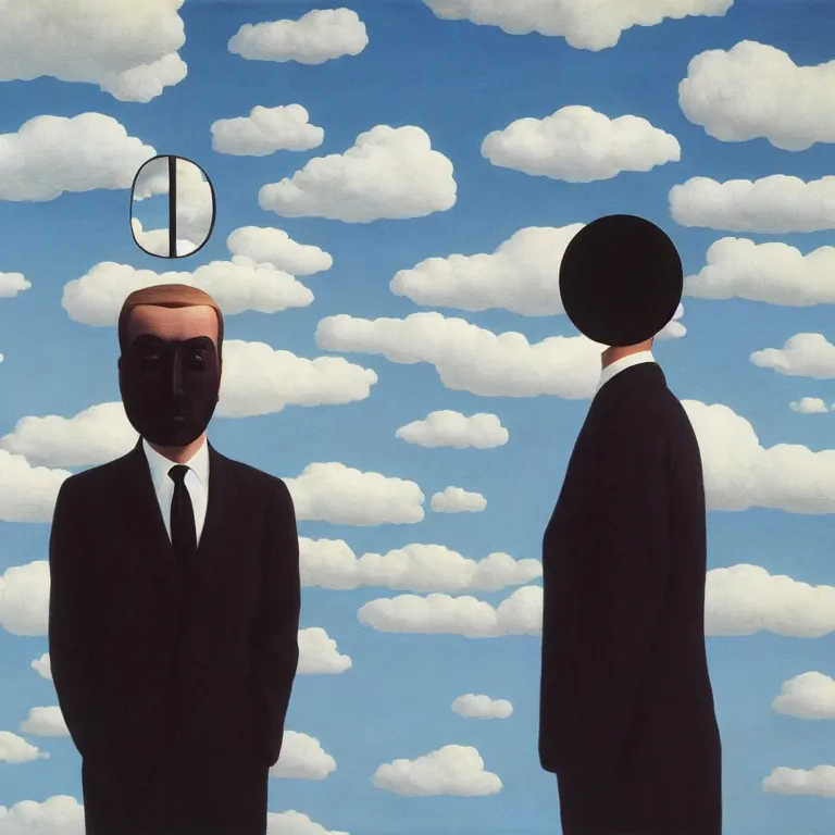 Image similar to portrait of a faceless mirror - head man in a suit, clouds in the background, by rene magritte, detailed painting, distance, middle centered, hd, hq, high resolution, high detail, 4 k, 8 k