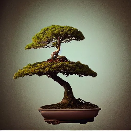 Image similar to A picture of a planet of various flowers, fungus and plants, Bonsai , in which the human figure is dressed in something magical and impressive, inside the picture is infinity, muted light, BotanicalAtmospheric phenomenon, artistic photography, muted colors, conceptual, Kodachrome