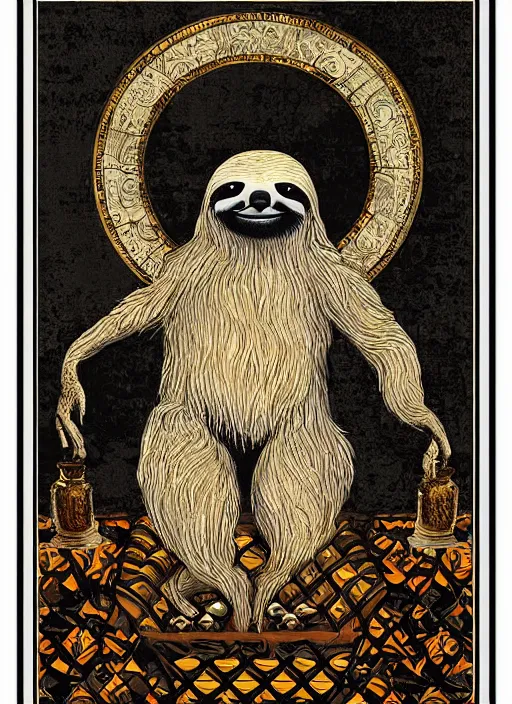 Image similar to sloth as the king of cups, framed, intricate details, medieval art style, high contrast, posterized