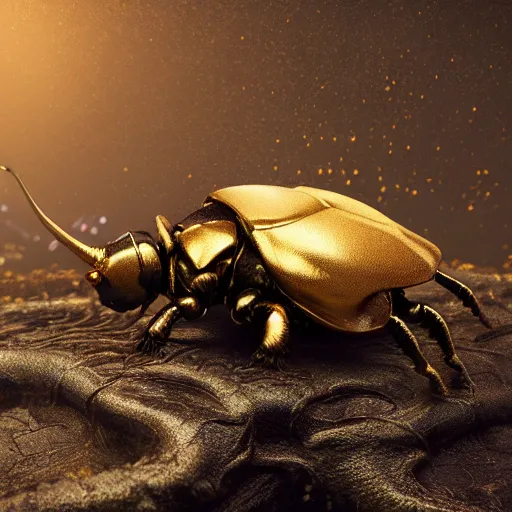Image similar to Very high detailed rhinoceros beetle made of gold and metal standing on a carbon fiber background, big horn, robotic, nature, symmetrical, Greg Rutkowski, Charlie Bowater, Beeple, Unreal 5, hyperrealistic, dynamic lighting, fantasy art