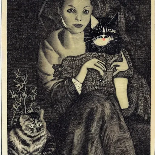 Image similar to it features a woman sitting with a cat on her lap. the woman is a bit spooky looking... her eyes glow with an unearthly light. indeed, she is nearly demonic.