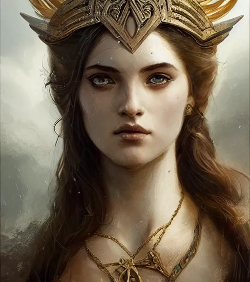 Prompt: aphrodite goddess wearing an arrow on her head, beautiful face, digital illustration, in the style of greg rutkowski, fantasy, amazing detail, epic, intricate, elegant, smooth, sharp focus